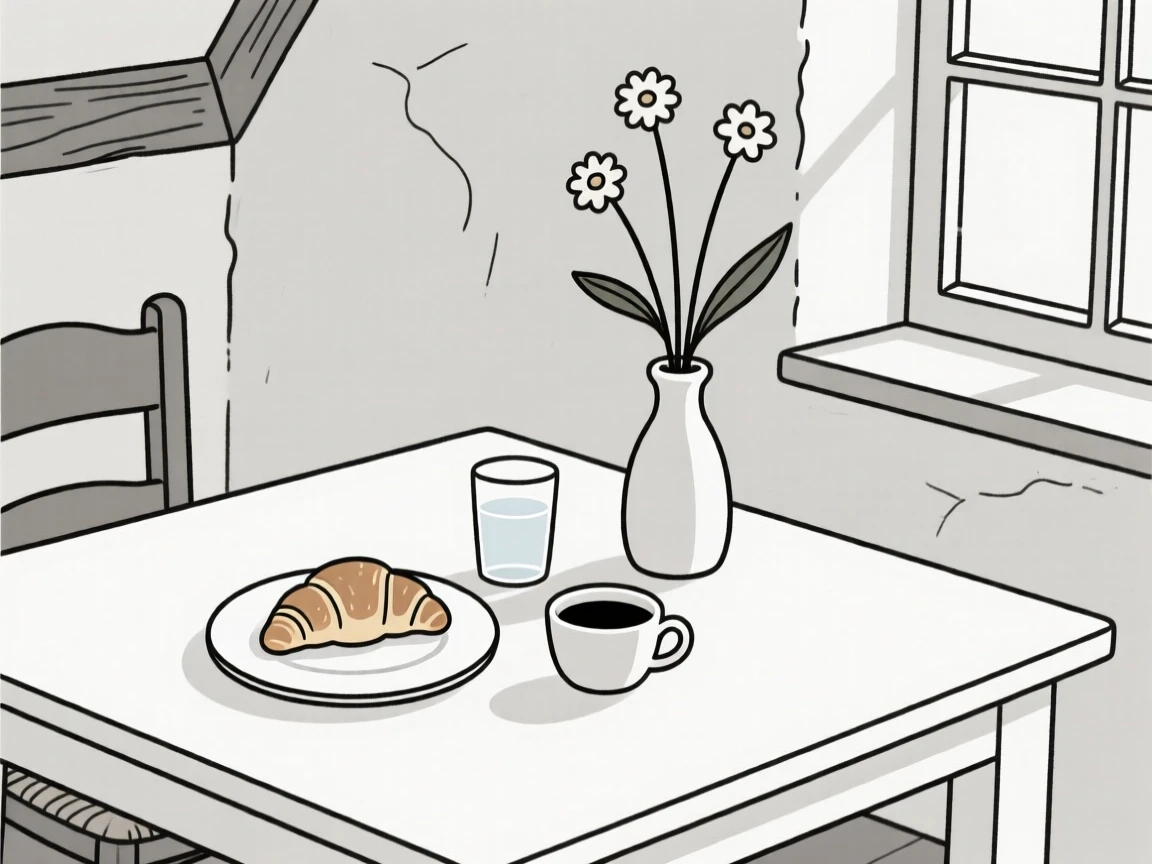 A tidy breakfast table arranged near fresh cut flowers in a countryside cottage, expressing gentle routine.
