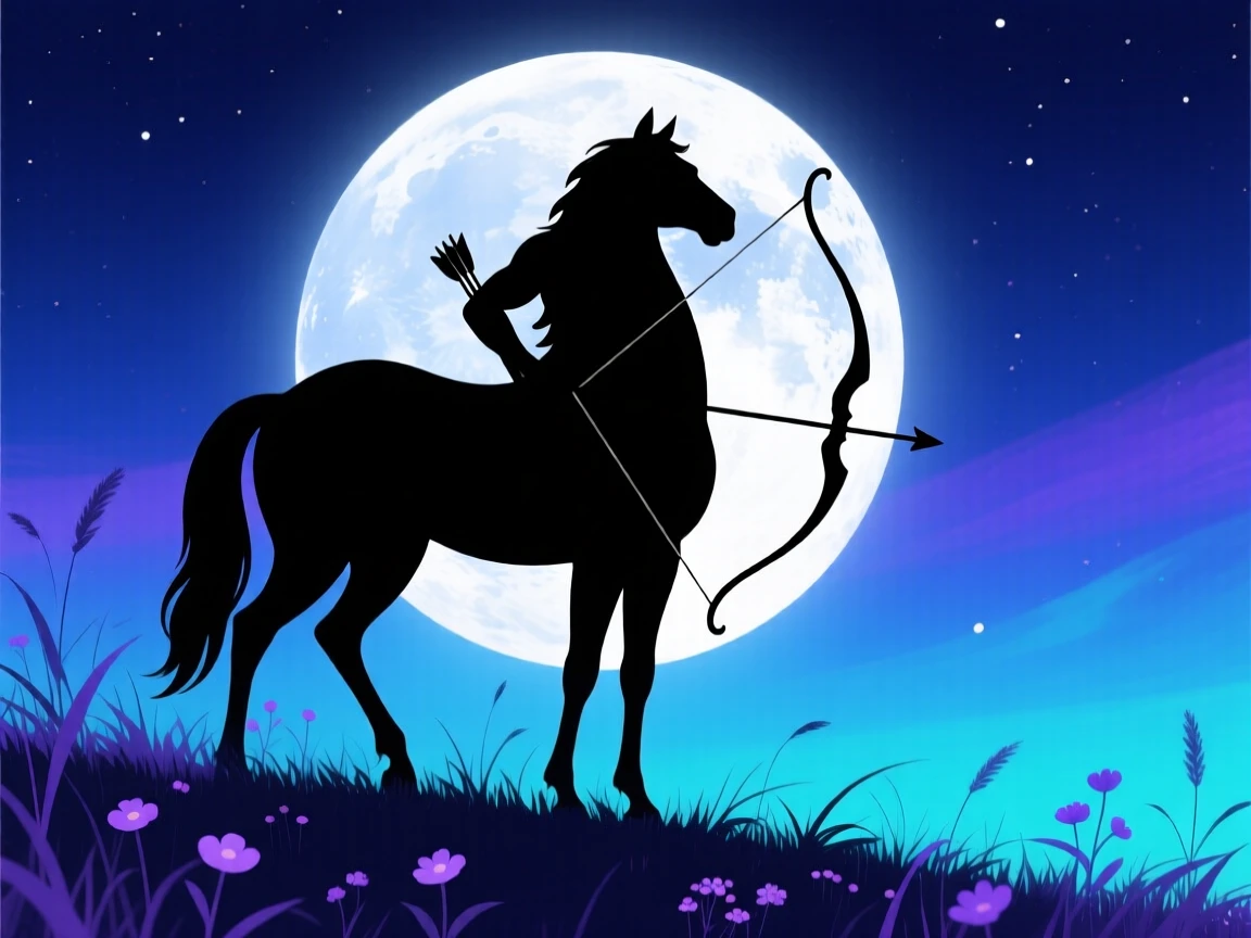 A centaur standing at the edge of a moonlit meadow, bow slung over one shoulder.