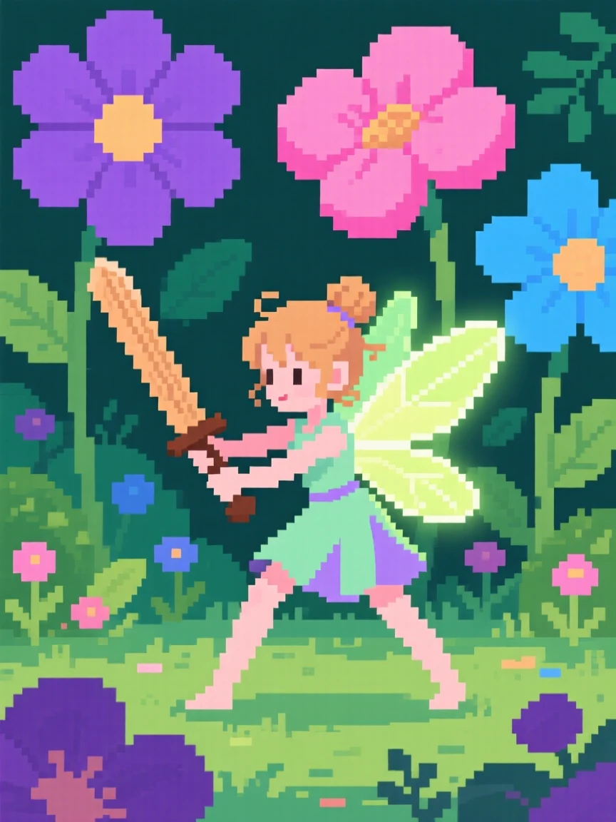 A tiny fairy with glowing wings training with a wooden practice sword, within a garden of oversized enchanted flowers.