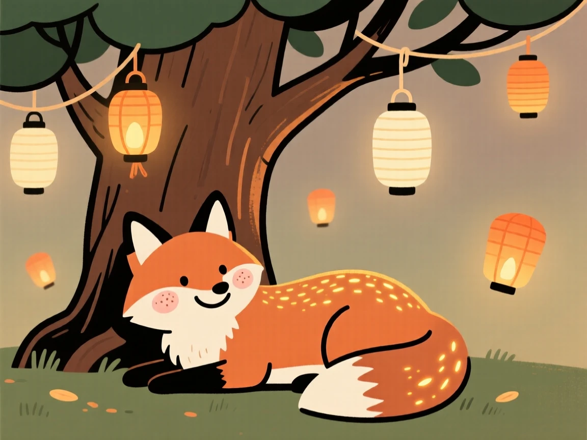 A fox with glowing markings rests beneath a tree hung with lanterns in an hidden magical glade, surrounded by floating lanterns that drifts gently through the air.
