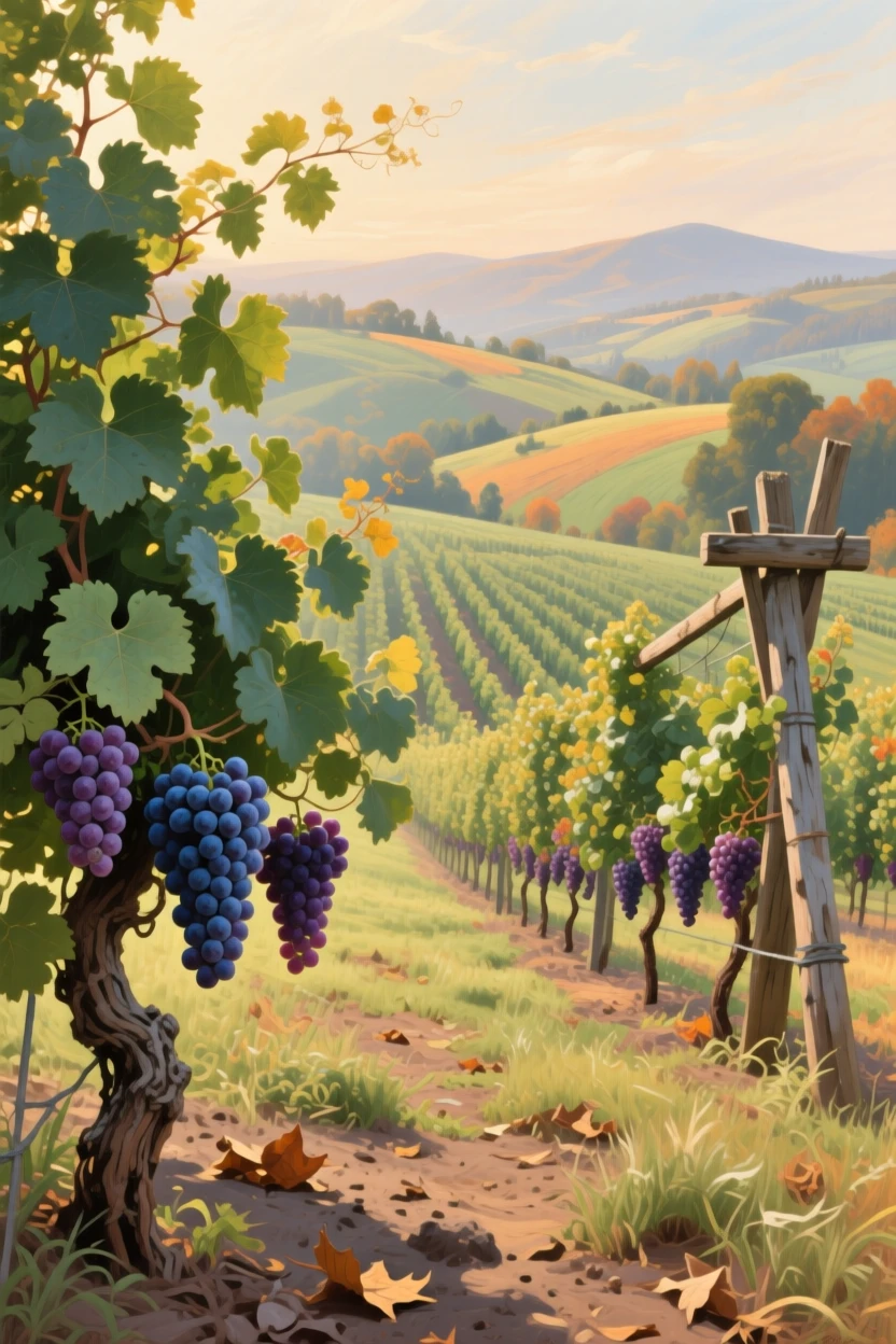 A grand panoramic scene of grapevines heavy with fruit ready for the autumn harvest, in a soft summer breeze, in the Victorian era.