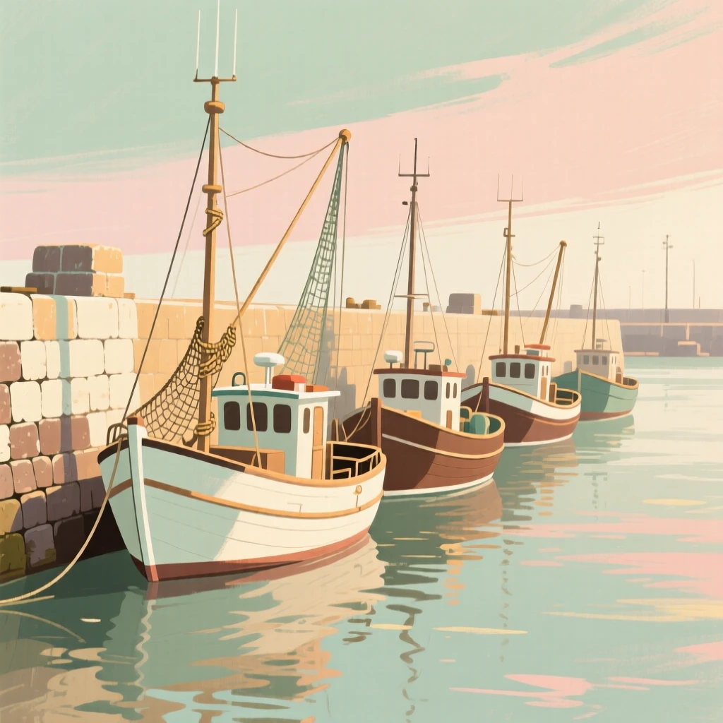 A row of fishing trawlers moored along a stone harbor wall