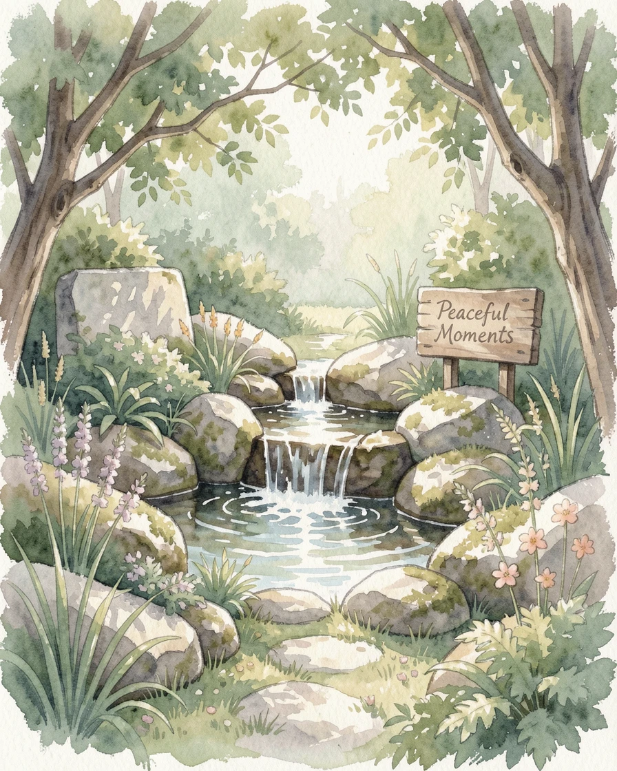 A meditation garden with a small trickling fountain in a moment of quiet reflection.