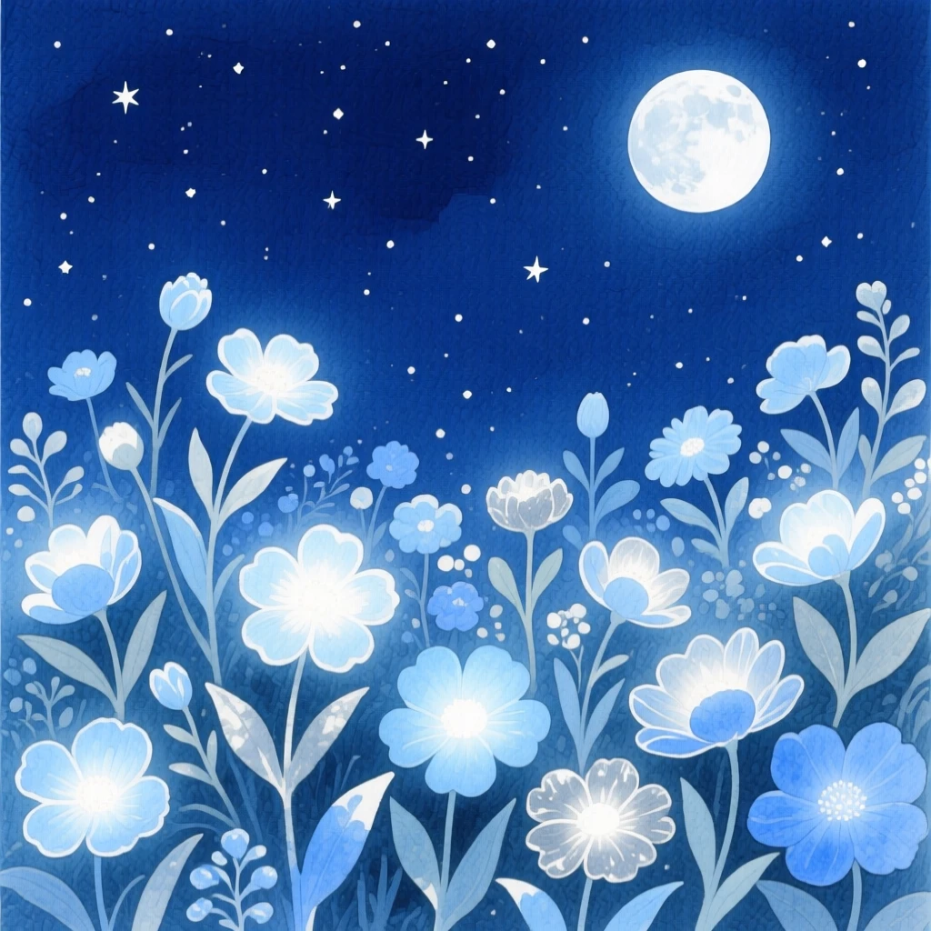 A moonlit garden blooms with flowers that glow softly in shades of blue and silver beneath a starry sky