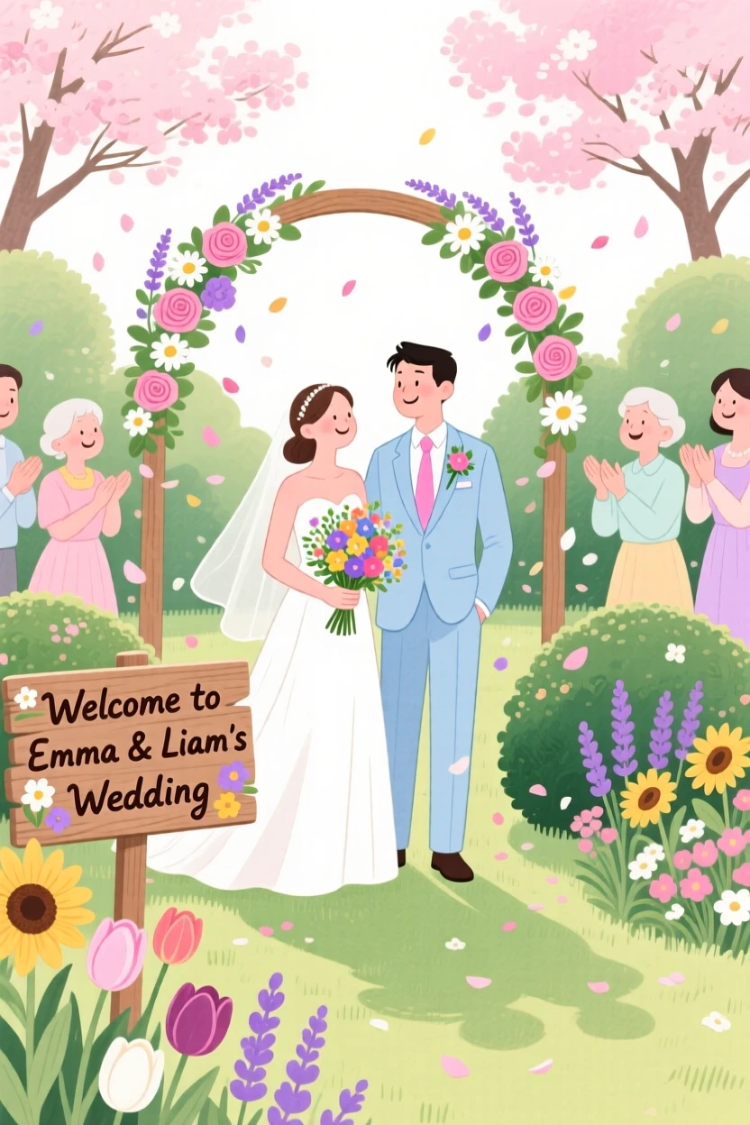 A joyful scene of a wedding celebration in a flower-filled garden.
