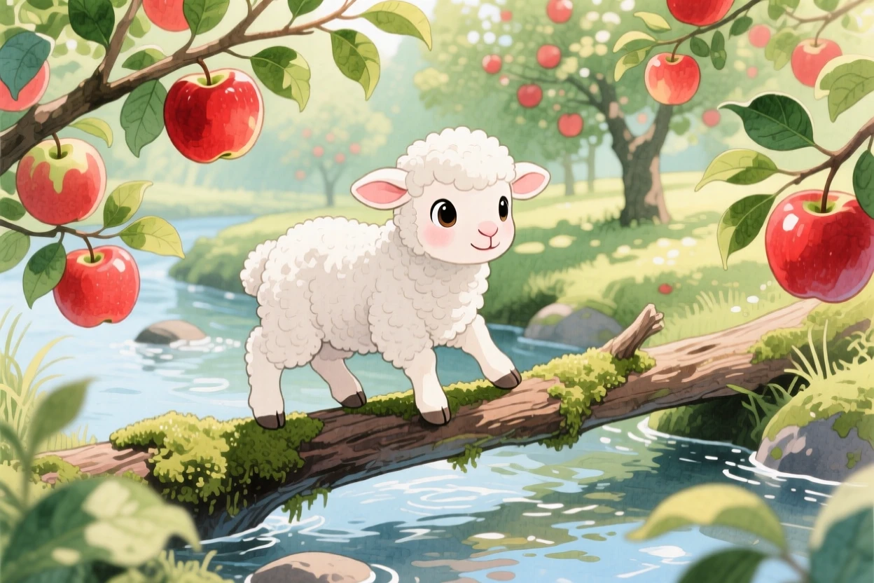 A baby lamb balancing on a log across a gentle stream, set in an orchard heavy with ripe apples, filled with wide-eyed wonder.