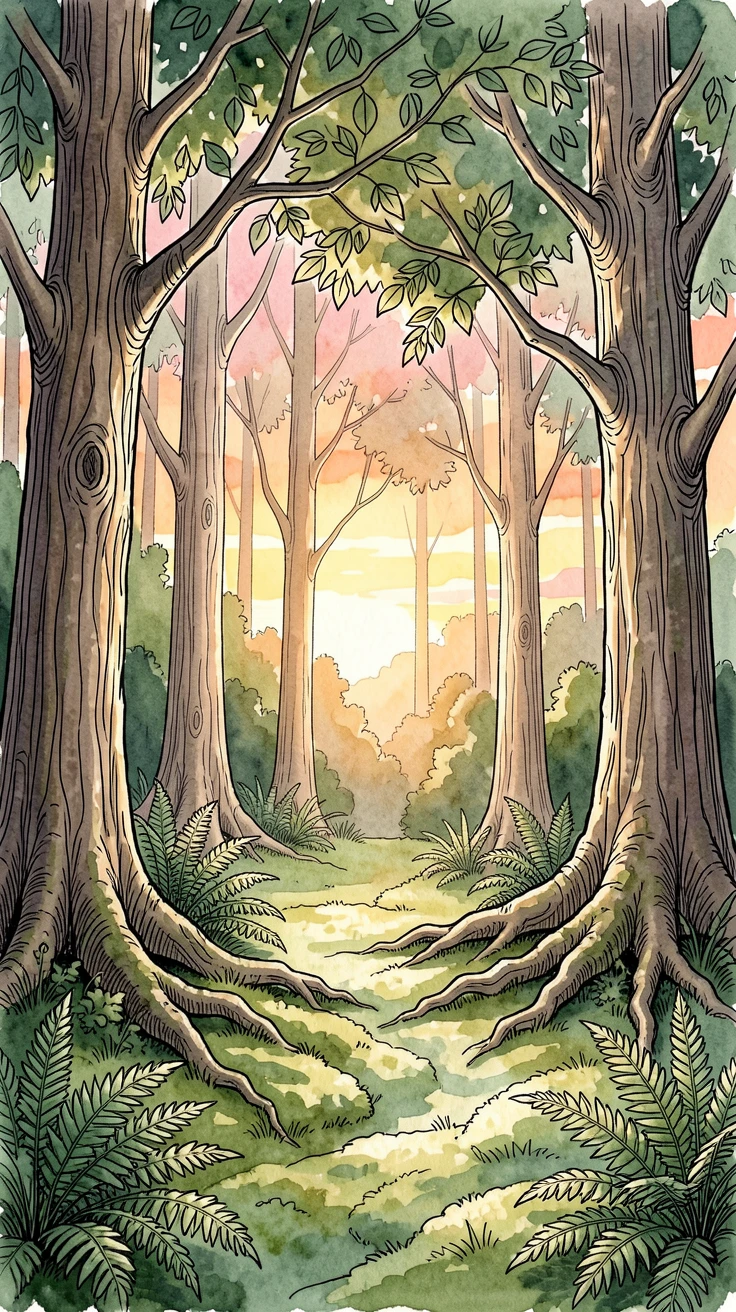 A sunlit clearing in an old growth forest carpeted with soft green moss, the last rays of sunset painting the sky in warm color.