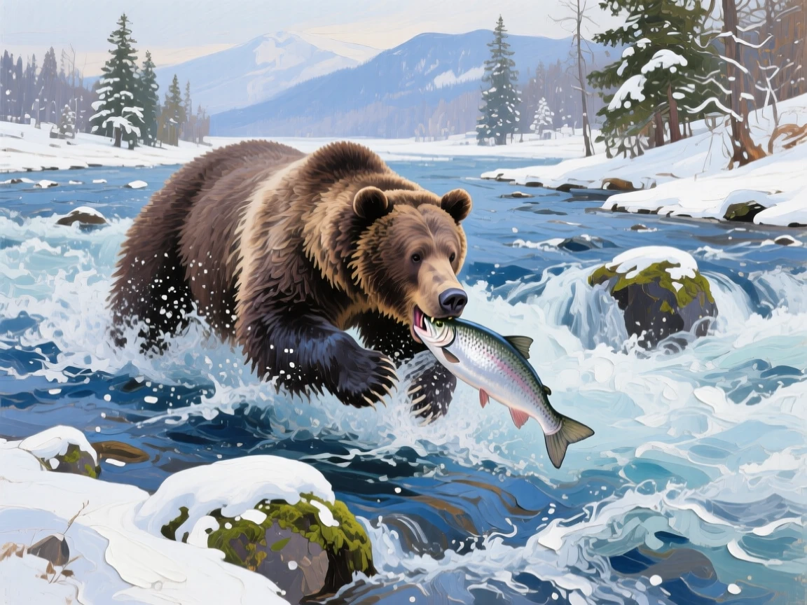 a bear catching salmon in a rushing river, after a gentle snowfall, with a balanced, spacious view of the surroundings.