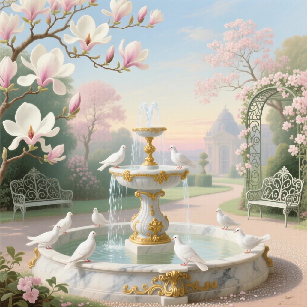 A spring dawn in a garden of magnolias, with doves gathered at a fountain  