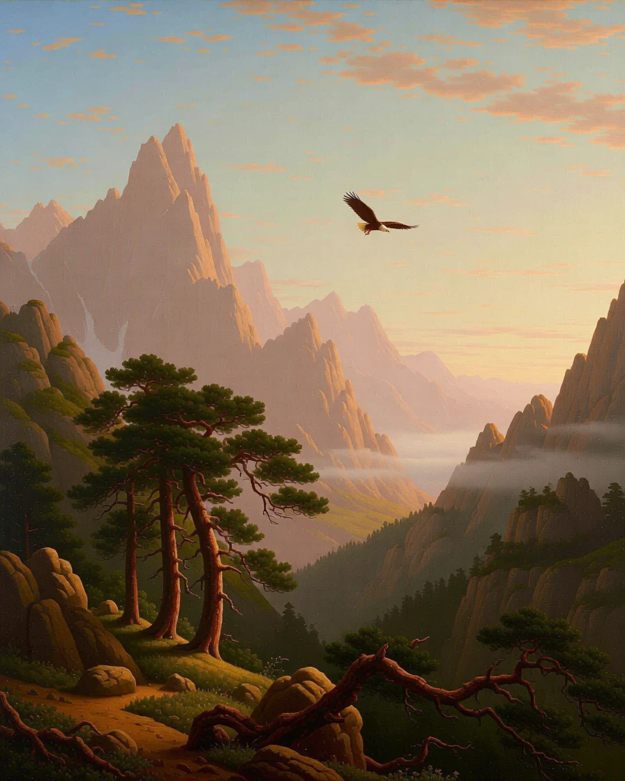 An eagle soars above a jagged mountain range at first light.