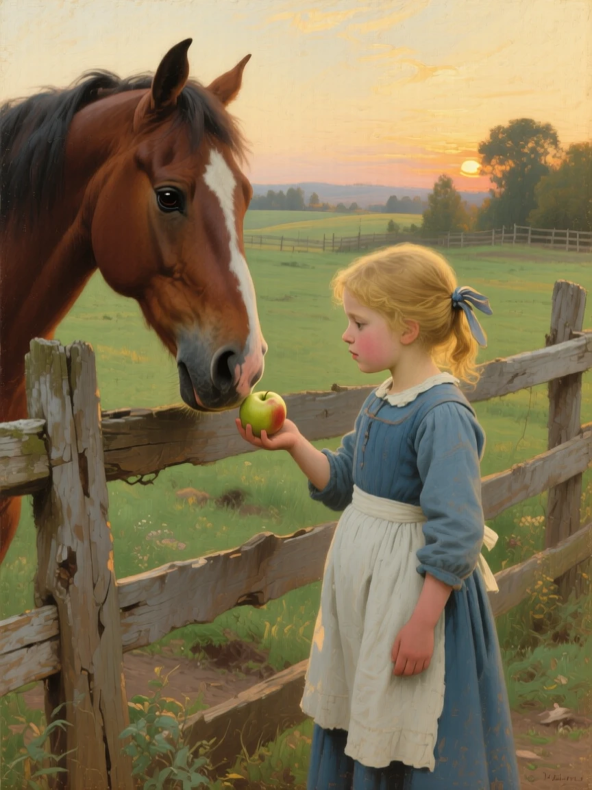 A little girl feeding a gentle horse an apple over a wooden fence, captured in warm, natural light that softens the entire scene, evoking warmth, empathy, and genuine connection