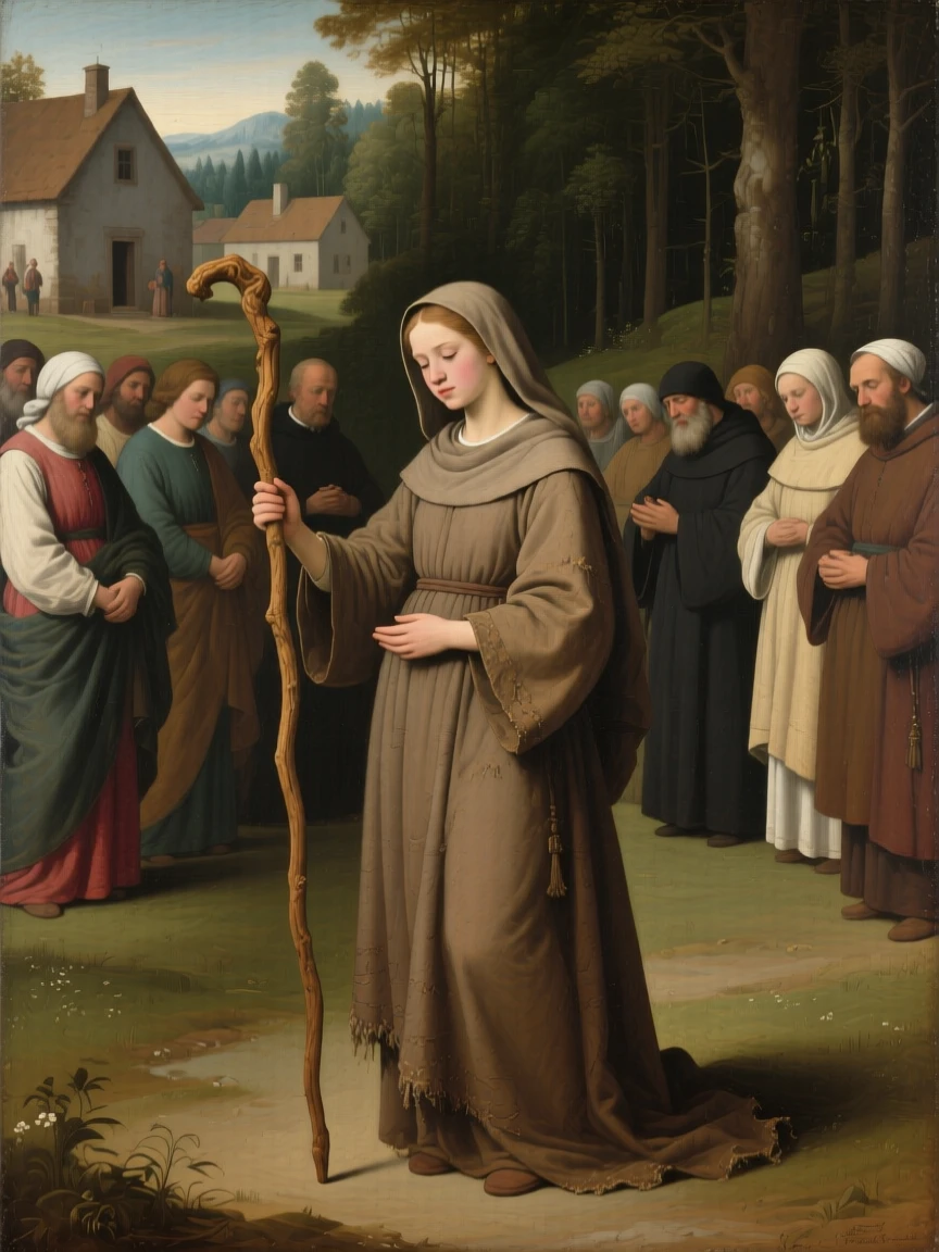 A young novice taking her first vows before a solemn assembly in an instant of grace touching the ordinary world, set within a humble village at the edge of a quiet forest, with modest robes, a well-worn staff, and a face lined with quiet devotion; converging figures form a reverent circle around the central moment, filled with serenity and the quiet dignity of devotion.