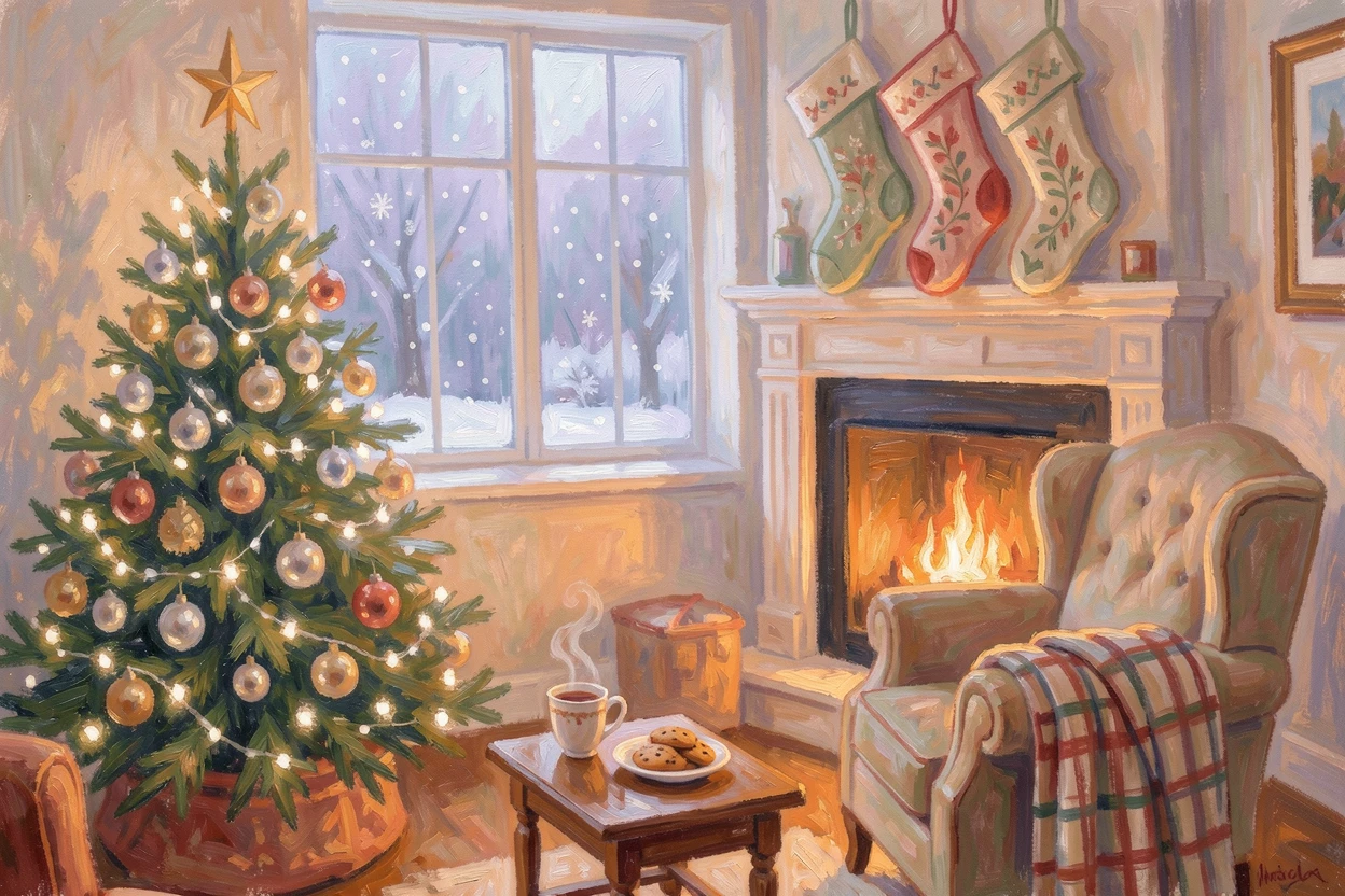 A cozy Christmas living room with a decorated tree, stockings by the fire, and snow falling outside.