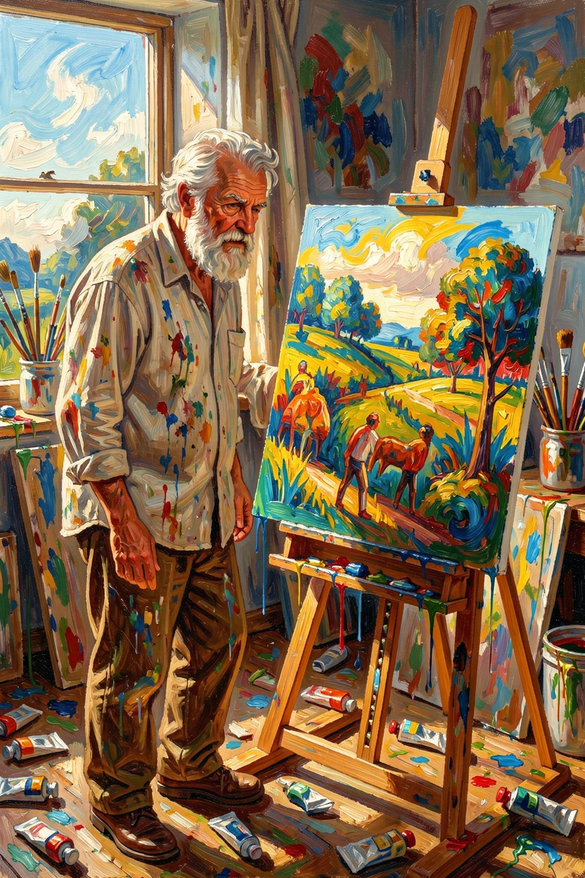 An old painter standing back from his easel, studying his work with a critical eye.