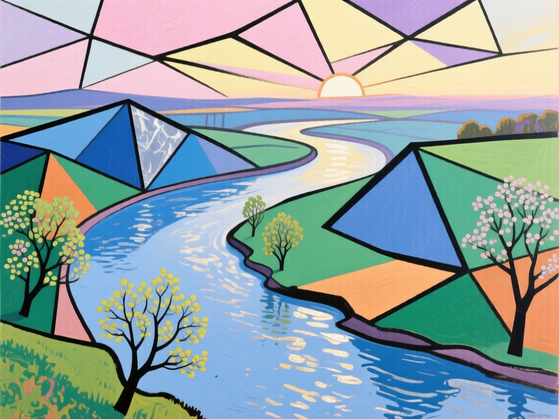 A panoramic view showing a tranquil river bend at first light, in early spring.