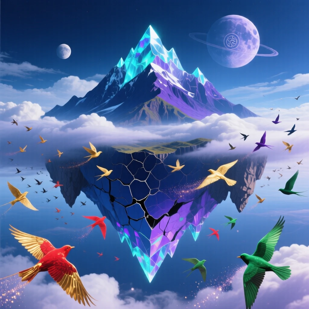 An inverted mountain range hanging from a solid sky orbits silently through banks of soft cloud, while flocks of birds weave between its floating pieces.
