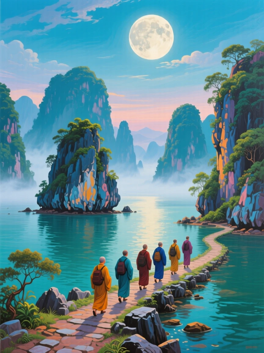 Ha Long Bay's limestone islands emerging from morning fog, beneath a brilliant full moon, a small group of pilgrims making their way along an ancient path