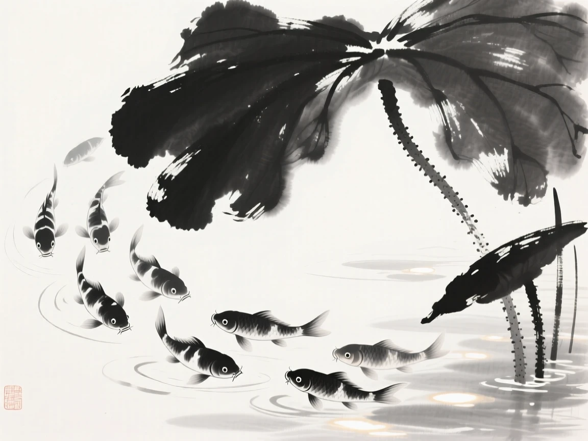 A school of koi swims beneath lotus leaves in a quiet pond, as sunlight dapples the water's surface.