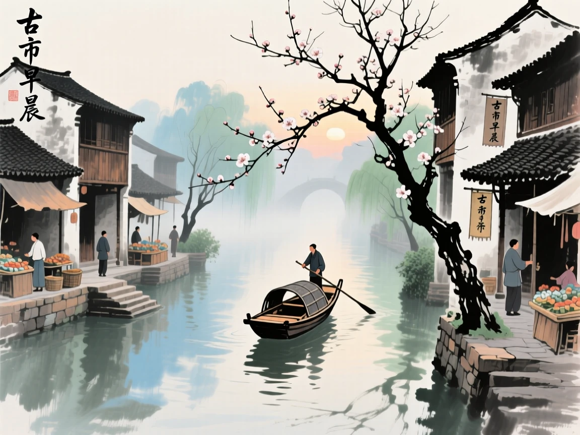 An ancient market town bustling quietly along a canal at dawn, as the last plum blossoms cling to bare branches.