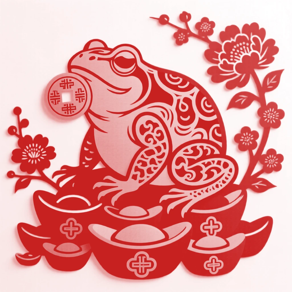 A golden toad with a coin in its mouth seated atop a pile of ingots, symbolizing wealth attracted to the home