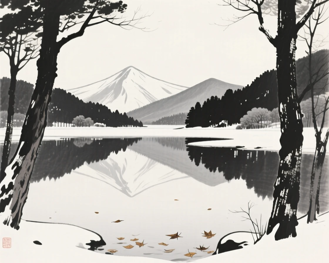 A quiet lake mirroring a ring of distant peaks under a pale winter sky heavy with unfallen snow, framed through a gap in the trees, revealing the valley beyond, with a scattering of fallen leaves carried on the current, carrying a feeling of timeless peace and stillness.