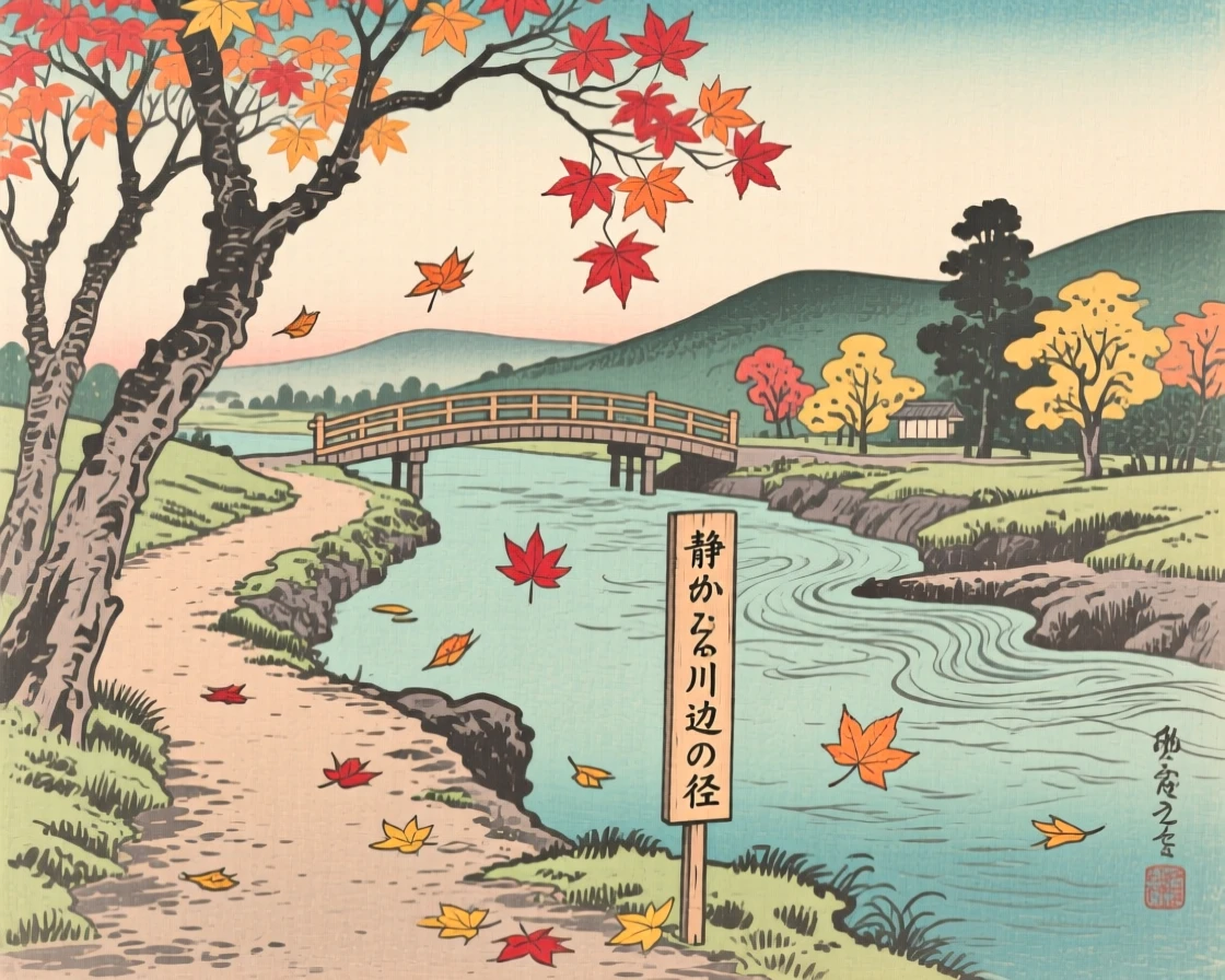 Drifting maple leaves along a quiet path along a slow-moving river.