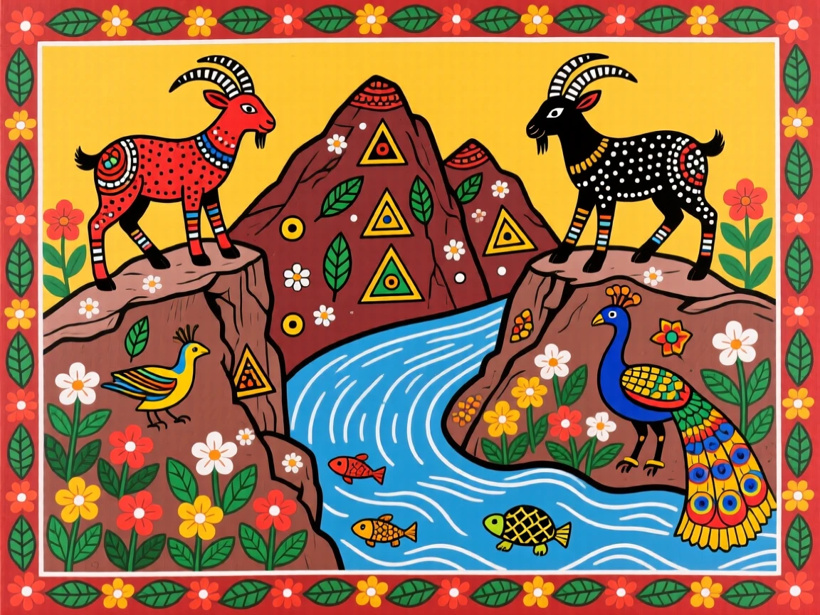 Mountain goats climbing a rocky cliff above a winding river.