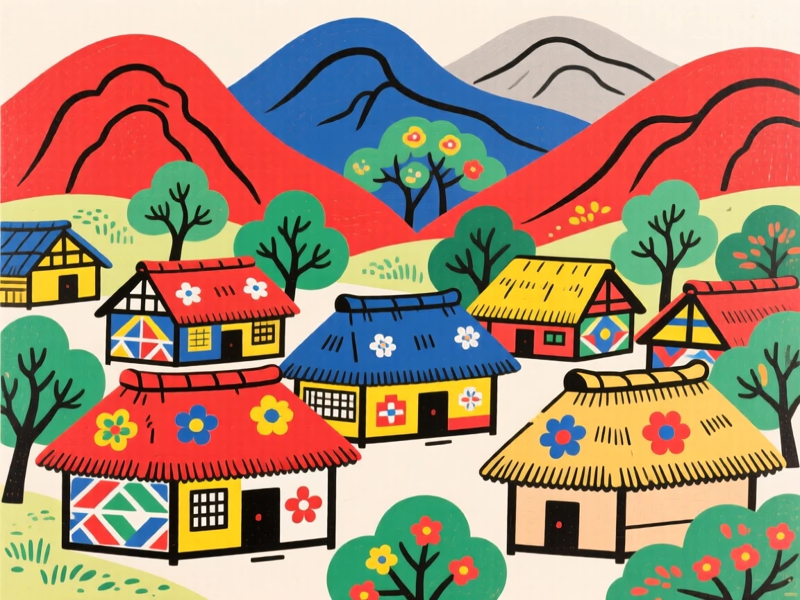 A village of thatched-roof houses nestled among distant mountains.