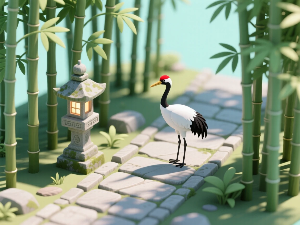 A quiet bamboo grove path with dappled light filtering through, a stone lantern marking the trail, and a red-crowned crane standing gracefully nearby.