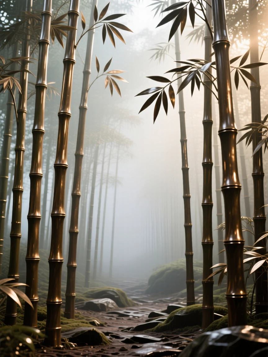 A misty bamboo forest with dappled morning light, with a striking sense of depth and distance, offering a breathtaking sense of place