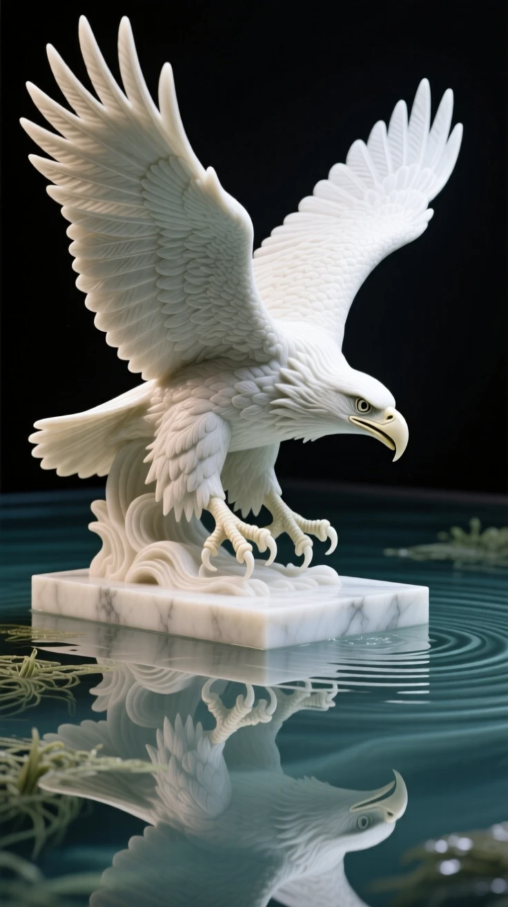 A striking close-up of a bald eagle diving toward the water, full of life and grace, reflected in still, glassy water