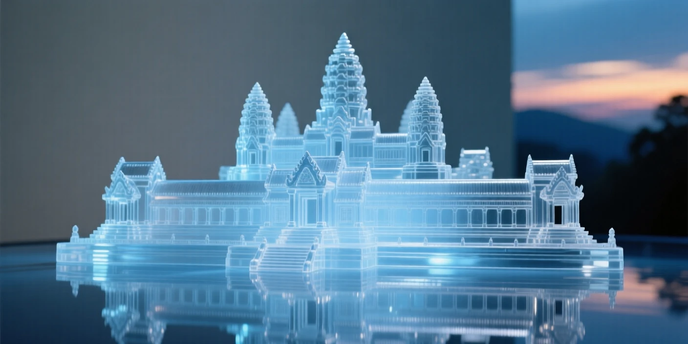 Angkor Wat reflected in a still pond at blue hour with soft ambient lighting beginning to glow, reflections shimmering nearby, evoking timeless elegance.