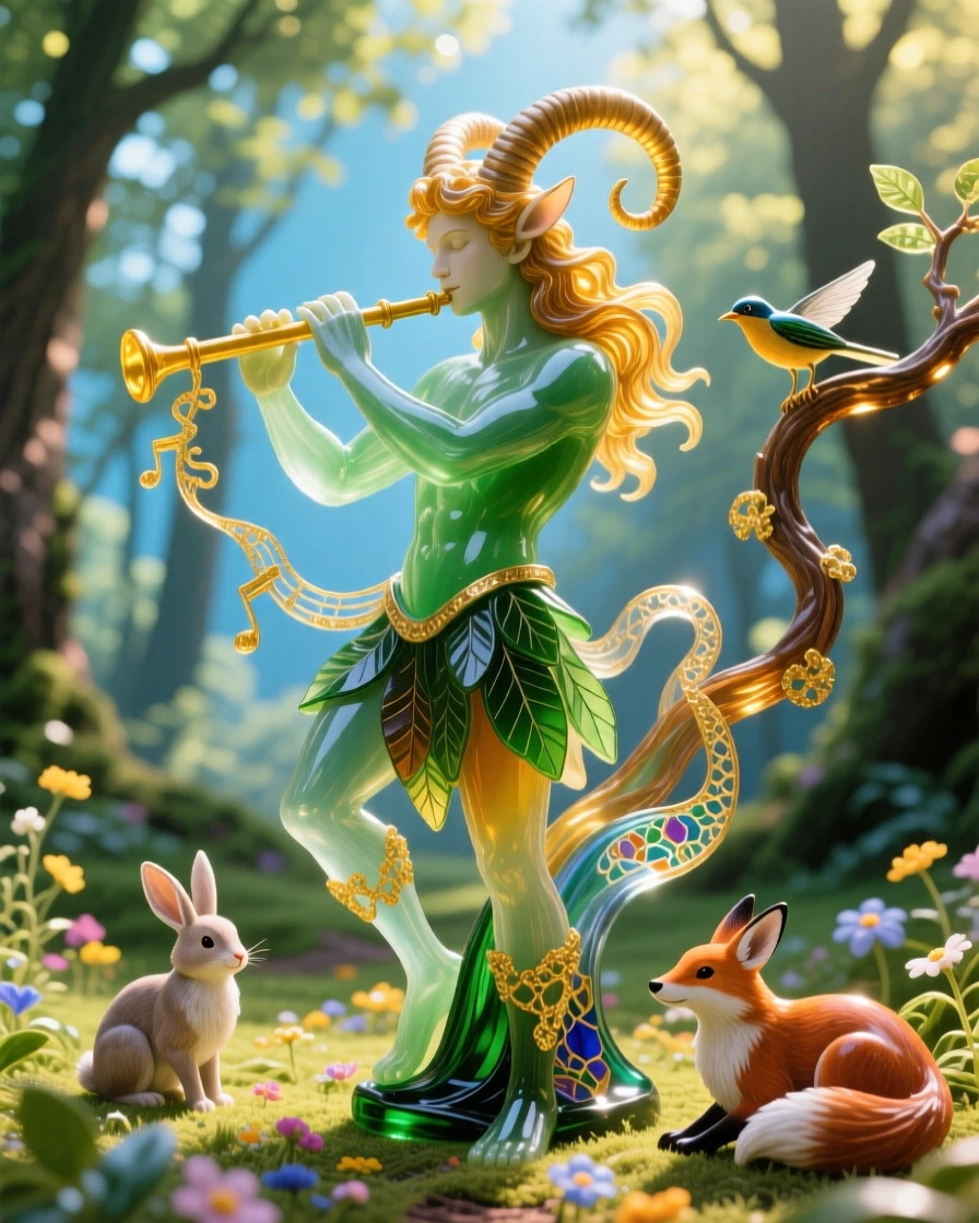 Pan playing his pipes in a sunlit forest glade surrounded by woodland creatures, whimsical and pastoral.