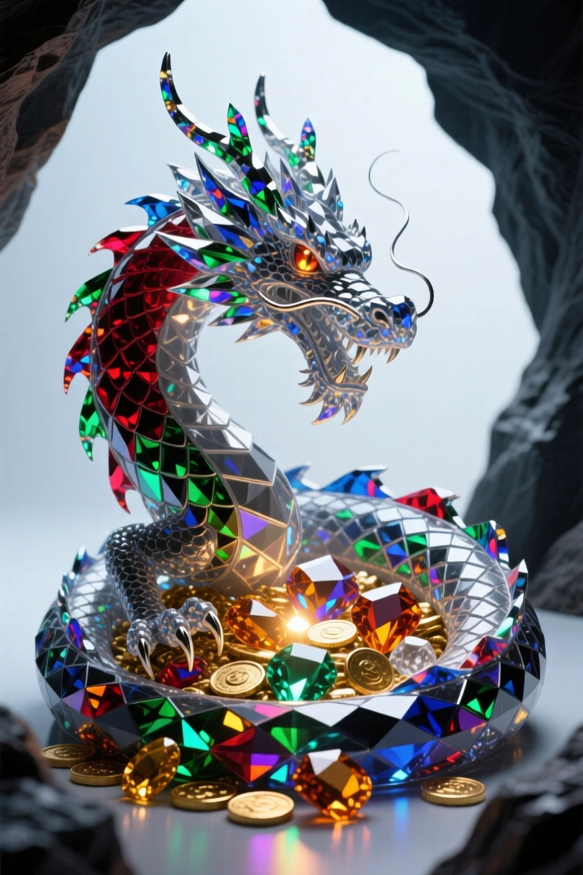 A dragon curled protectively around a glowing treasure hoard deep within a mountain cave.