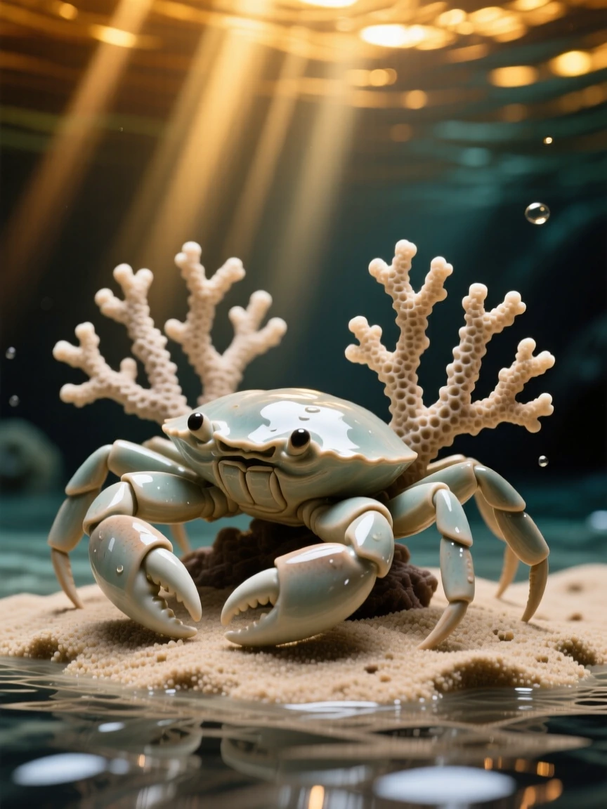 A crab scuttling across wet sand curled gracefully around swaying coral, with sunlight filtering down in golden shafts, capturing a fleeting moment of underwater grace.