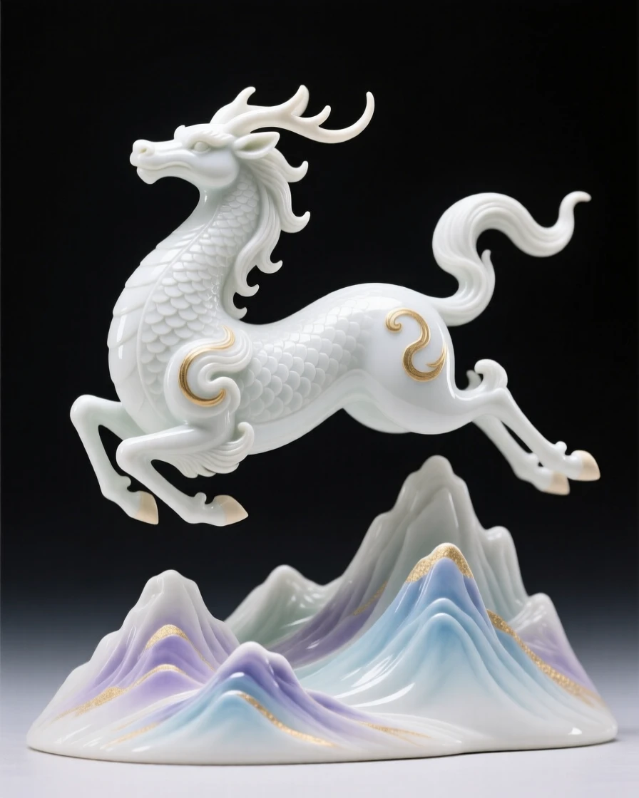 A majestic kirin soaring above a mountain range, an aura of quiet, ancient power surrounding it.