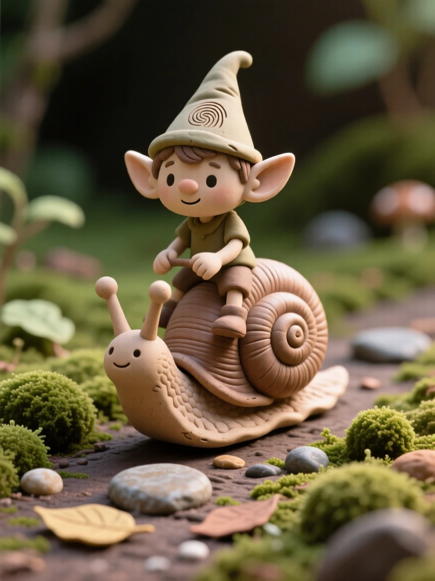 A tiny elf riding a snail across a mossy garden path