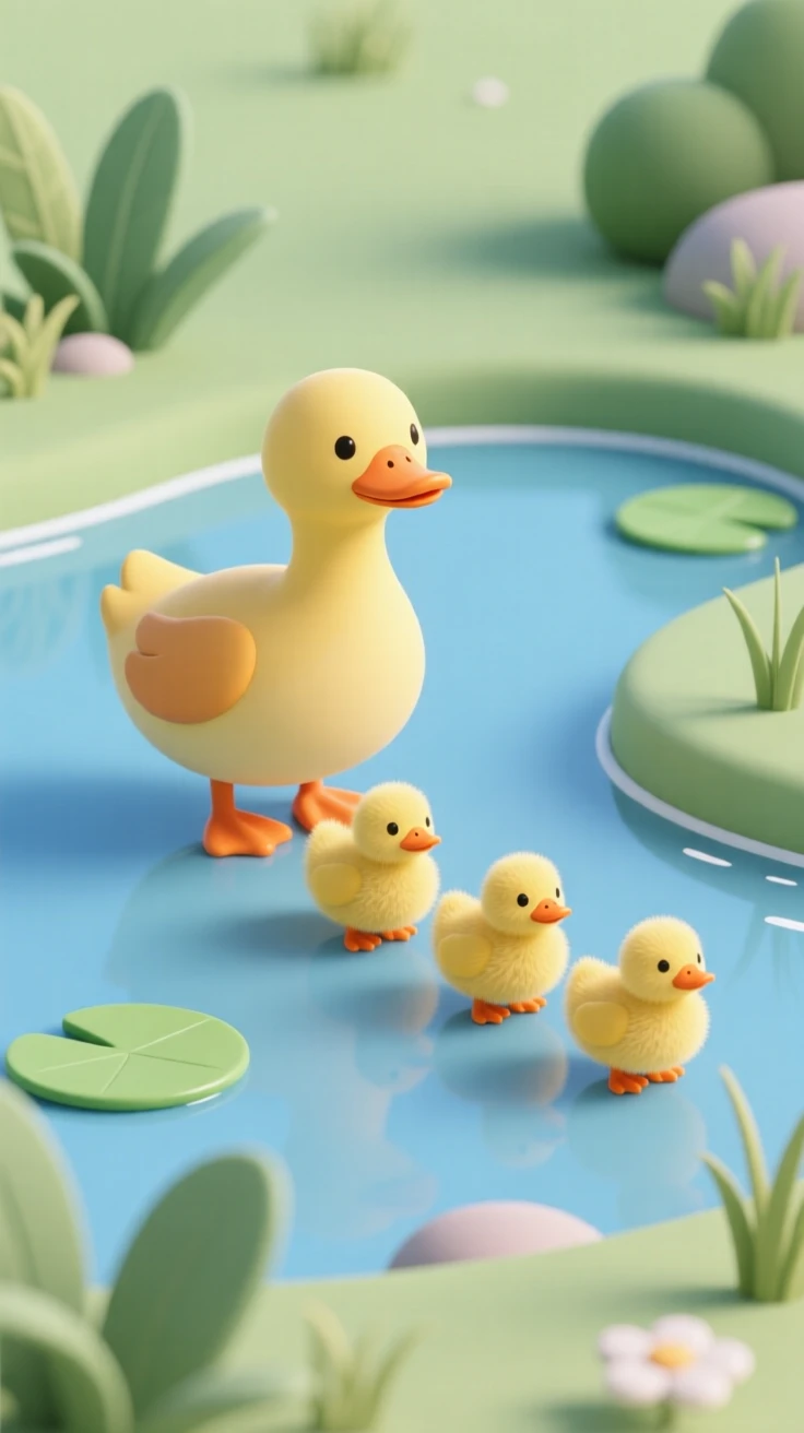 A proud mother duck leads a line of fuzzy yellow ducklings across a calm garden pond.