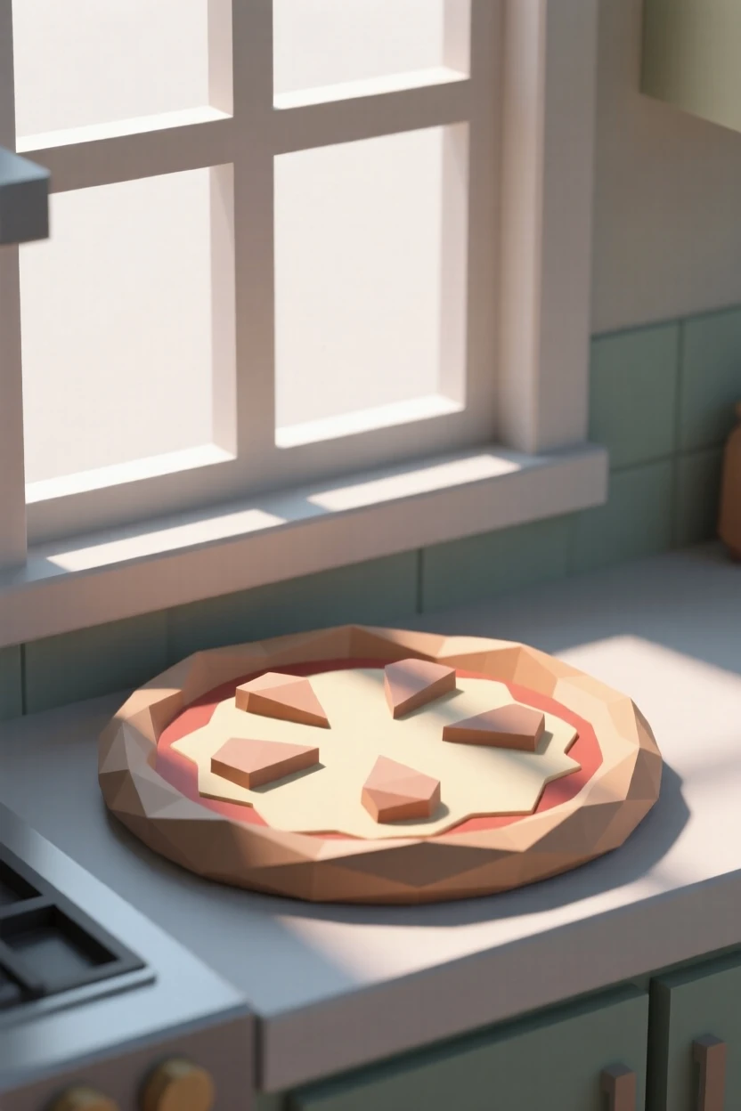 A wood-fired pizza fresh from the oven, beside a sunlit kitchen window. soft natural light highlights rich textures and colors. The scene feels warm and comforting.