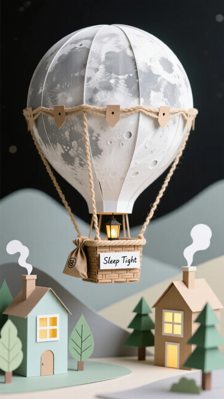 A giant vintage hot air balloon shaped like a full moon drifting silently over a sleeping village, tiny golden lights glowing in the windows below, evoking dreamlike wonder.