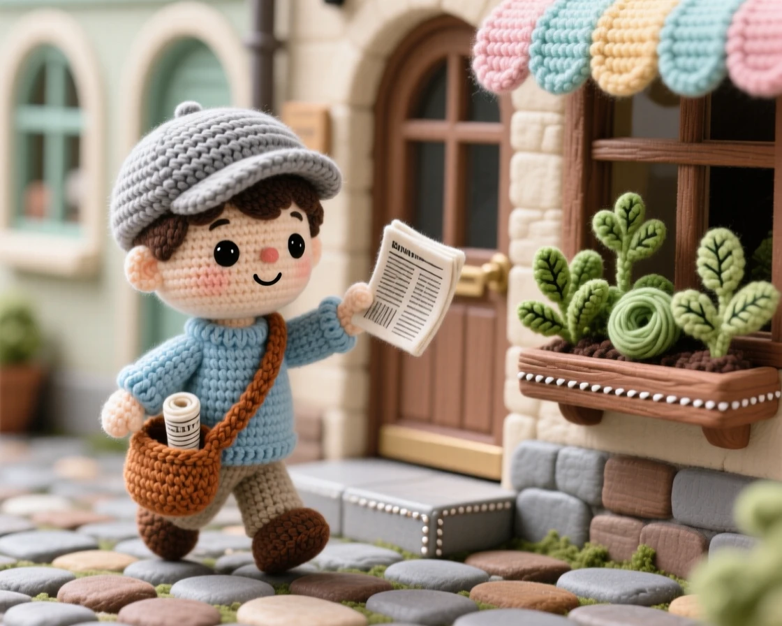 A charming scene of a small boy paperboy with a cap and a bag of newspapers, tossing a paper onto a doorstep inside a charming cobblestone street lined with shopfronts; a potted herb garden on the sill adds to the moment, full of bright-eyed enthusiasm for a beloved craft.