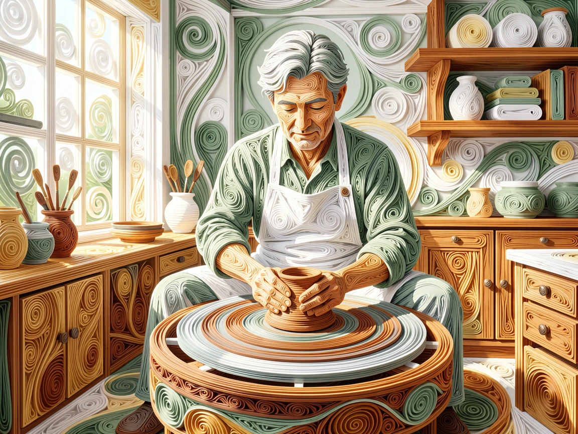 A relaxed modern lifestyle scene of a potter shaping clay on a spinning wheel in a sunlit studio apartment, in a fresh palette of white, sage green, and warm wood tones, framed from a casual eye-level perspective.