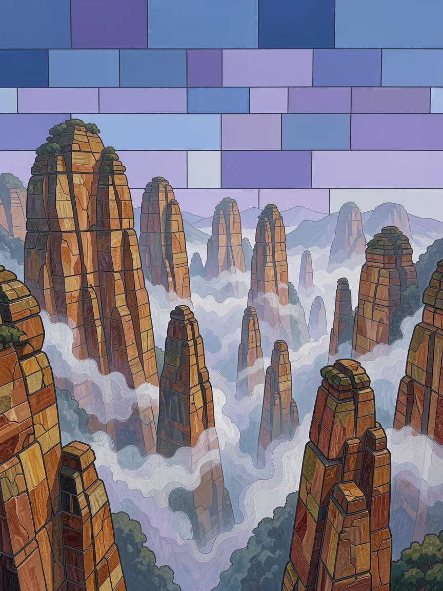 The misty peaks of zhangjiajie's sandstone pillars, viewed from a dramatic elevated vantage point.