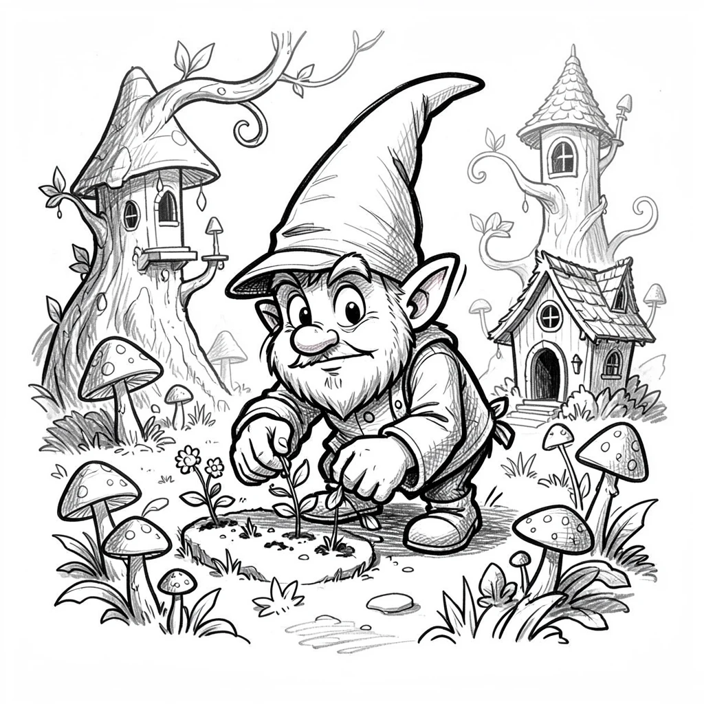 A tiny gnome tending a garden in a hidden fairy village.
