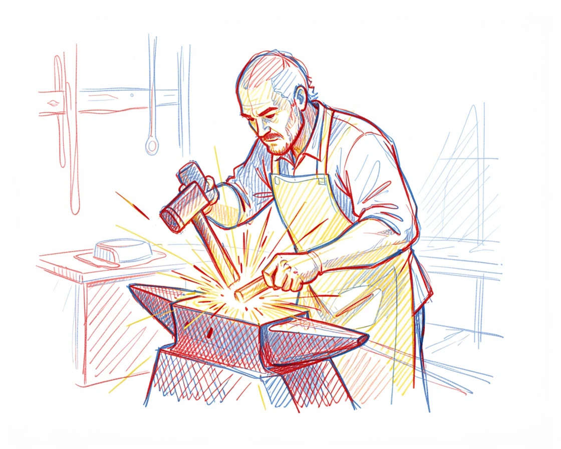 A blacksmith hammering glowing metal in a sparks-filled forge