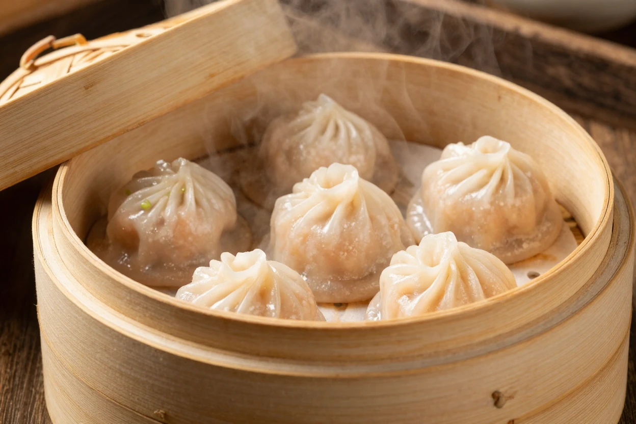 A dim sum basket steaming with dumplings