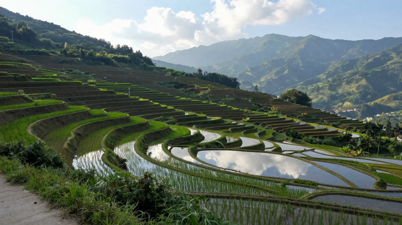 A terraced rice paddy reflects the sky like a mirror across a mountainside.