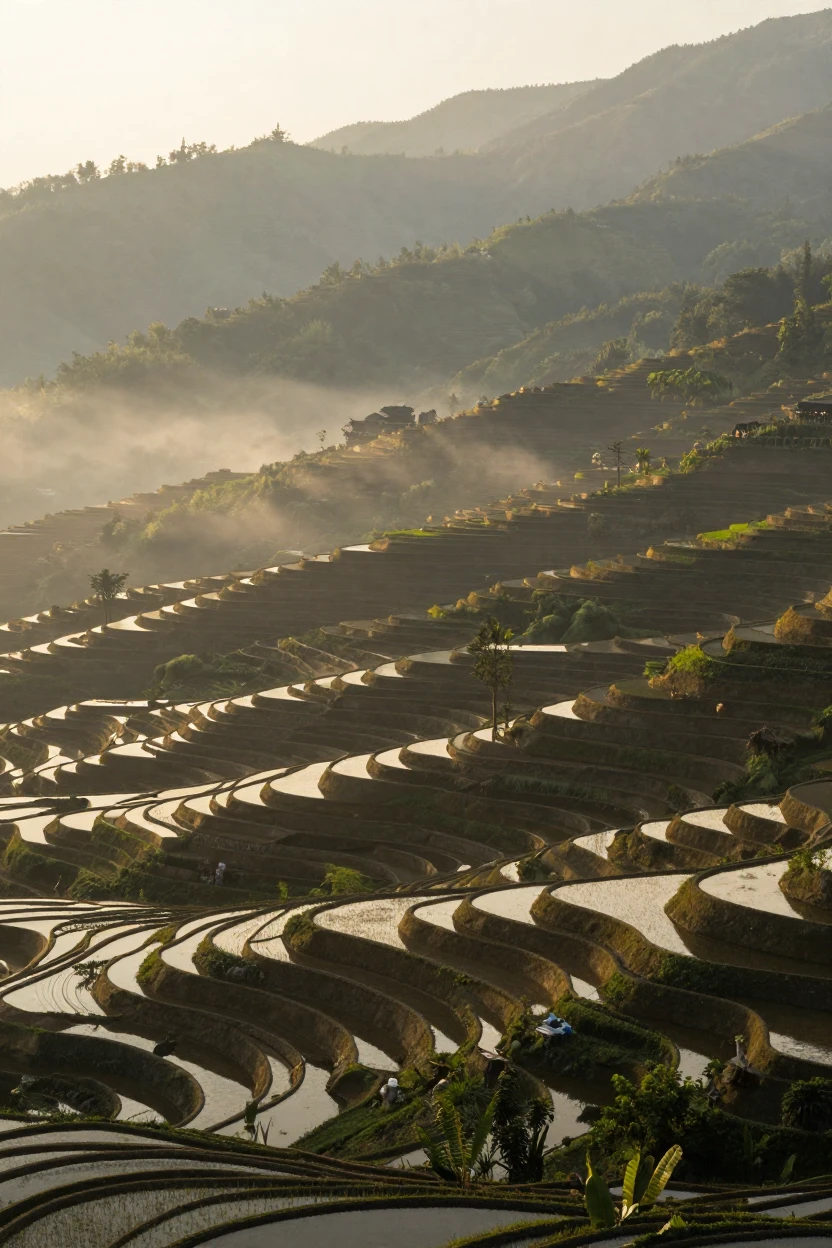A tranquil rice terrace carved into a mountainside, stretching endlessly at the break of dawn