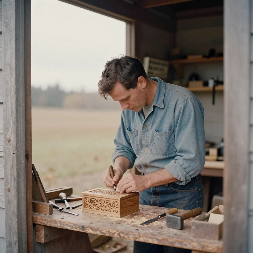 A woodworker carving intricate details into a wooden box, under a pale winter sky, in still, windless air, in the mild days of early autumn, in soft muted pastels, framed through an open doorway.