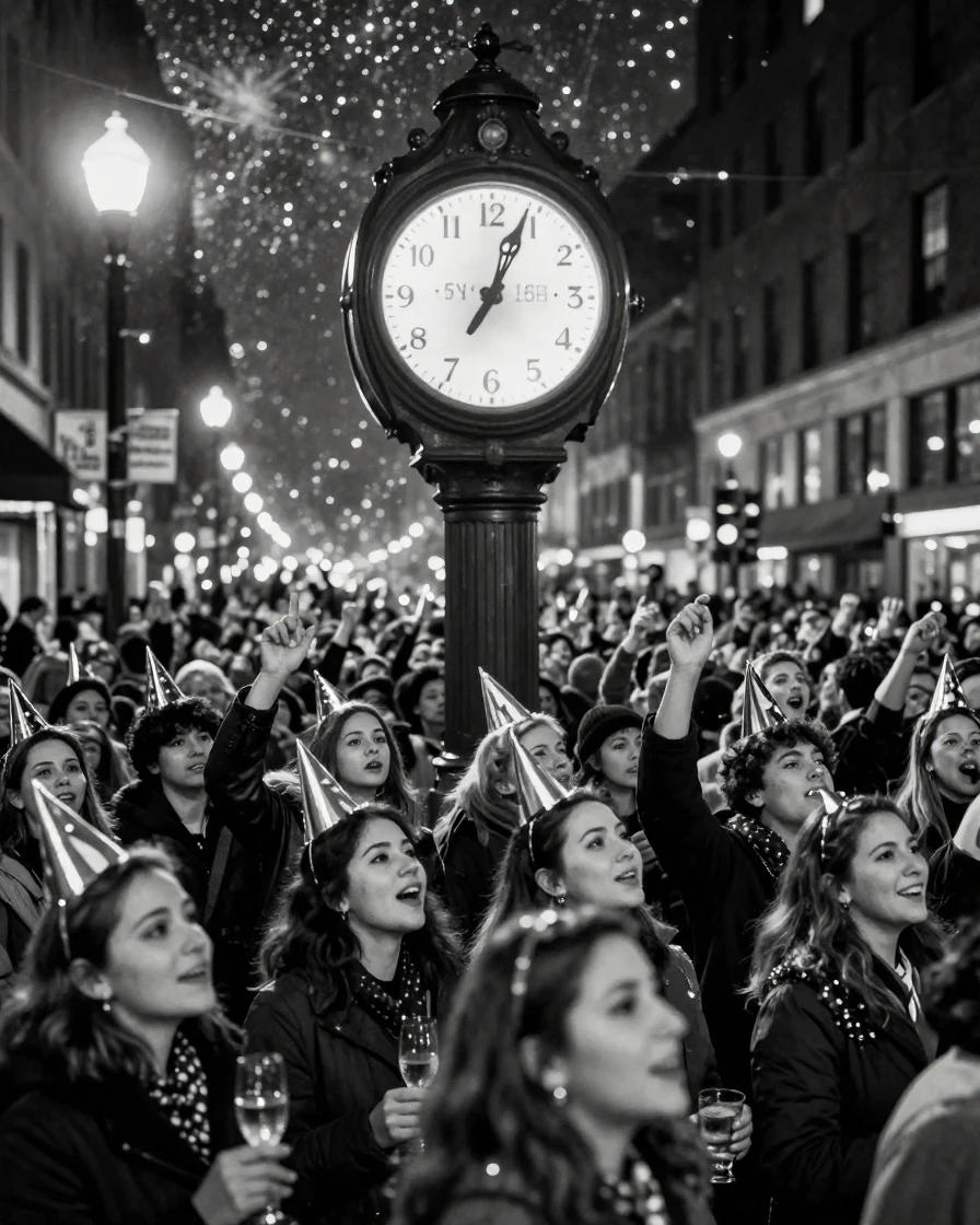 A New Year's Eve crowd counts down beneath a lit-up sky beneath a giant illuminated clock.